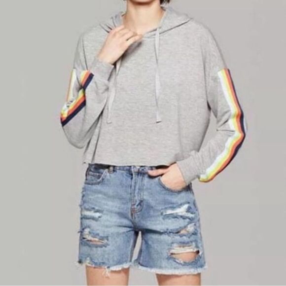 Wild Fable Cropped Hoodie Heather Grey Rainbow Sleeve XS Athleisure Yoga Casual - Picture 1 of 9